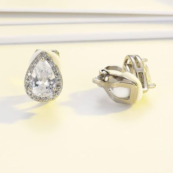 Silver with White Diamond Cubic Zirconia Teardrop Stud Clip On Earrings - Picture 3 of 5